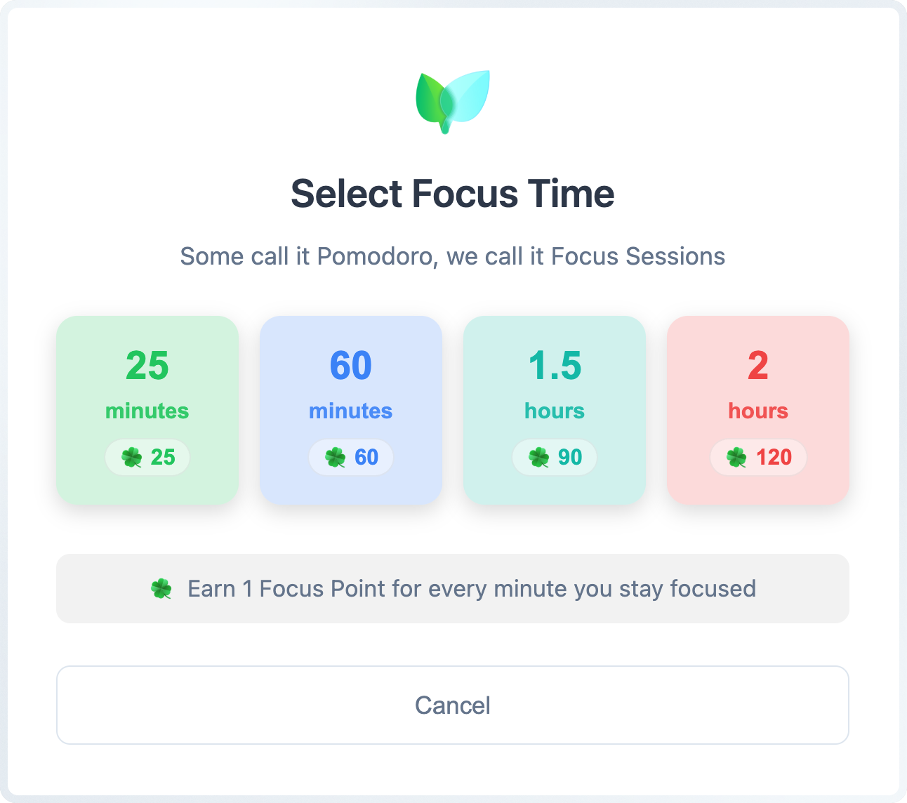 TaskLeaf Focus Session Selection Modal